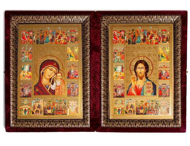 Diptych: Virgin of Kazan and Christ the Teacher with surrounding scenes, extra-large icons