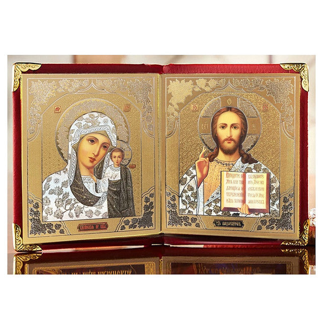 Diptych: Virgin of Kazan and Christ the Teacher, medium icons in red leatherette case