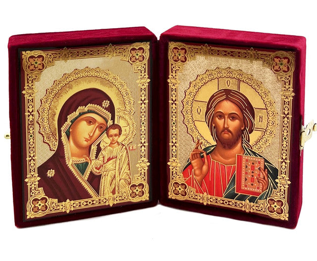 Diptych: Virgin of Kazan and Christ the Teacher, burgundy tone icons in a red velvet case