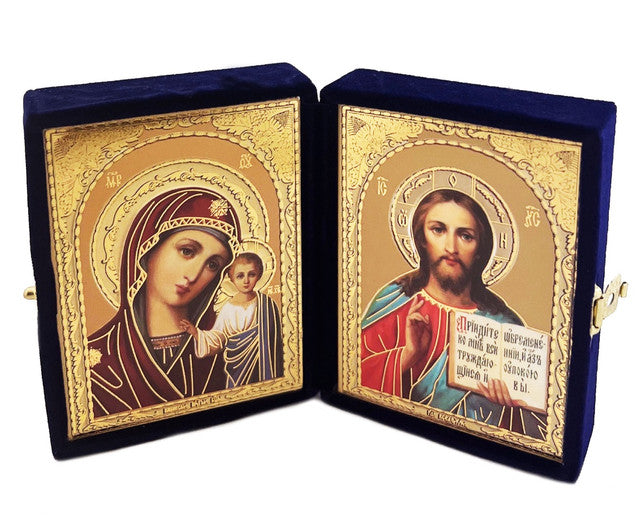 Diptych: Kazan Mother of God and Christ the Teacher, icons in a blue velvet case