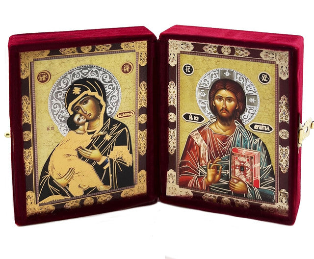 Diptych: Vladimir Mother of God and Christ the Teacher, burgundy tone icons in a red velvet case