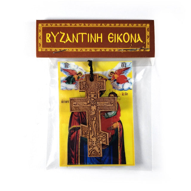 Wood neck cross with cord, three-bar