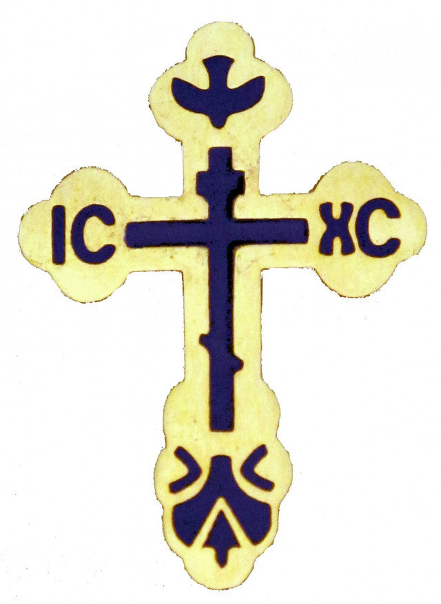 St. Xenia Cross Lapel Pin, blue-tone with blue inlay
