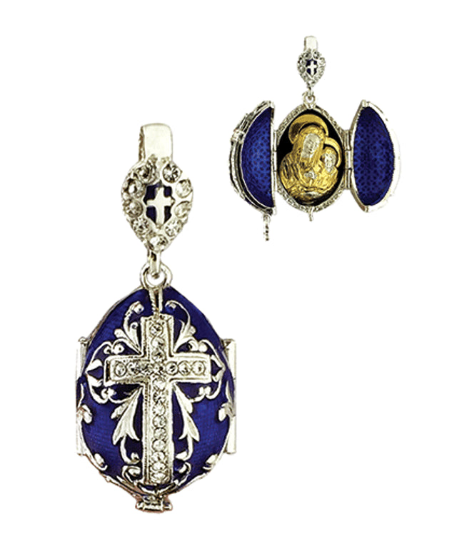 Egg Pendant Locket, Fabergé style with cross and MOG inside, blue