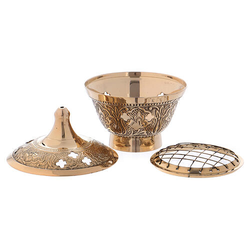 Incense burner in old antique gold plated brass with embossed decoration
