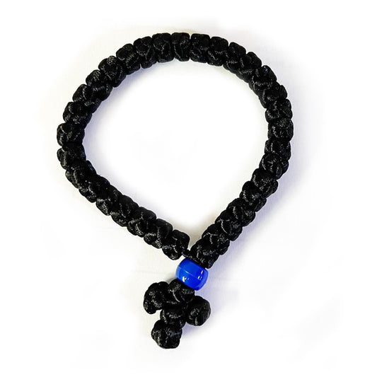 Prayer Rope Bracelet, 33 knot with blue bead and tiniy knotted cross