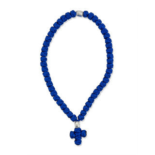 Prayer Rope, blue 50 knot with cross and two silver beads