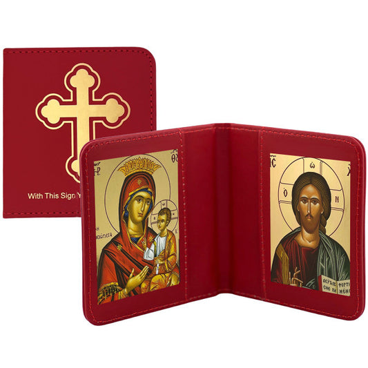 Traveling icon diptych in leatherette case, Virgin Mary and Christ