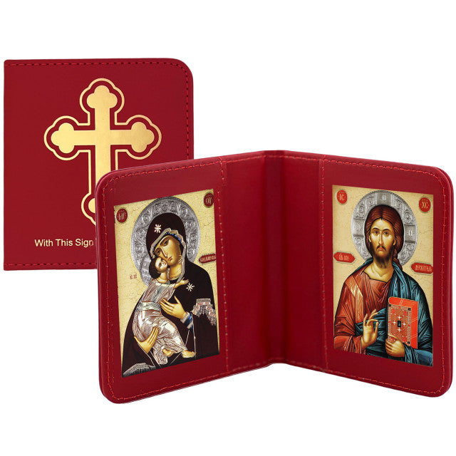 Traveling icon diptych in leatherette case, Virgin of Vladimir and Christ the Teacher
