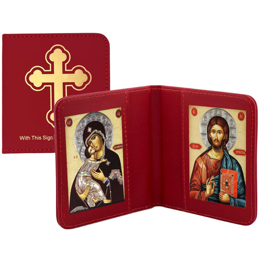Traveling icon diptych in leatherette case, Virgin of Vladimir and Christ the Teacher
