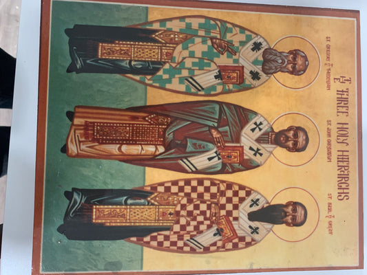 Three holy Hierarchs Mounted icon's on wood 7.5x9 Mounted on Board