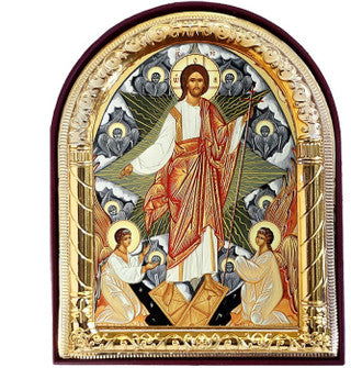 Resurrection with Angels (gold foil) in arched wooden frame, small icon