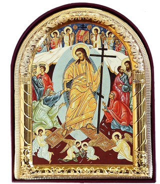 Descent into hades (gold foil) in arched wooden frame, small icon