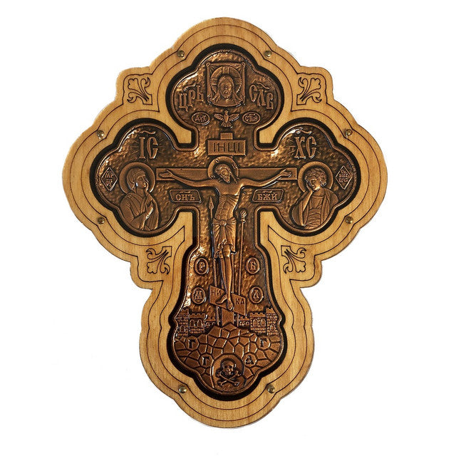 Wall Cross, Crucifix with Theotokos and St John, bronze-tone metal on wood