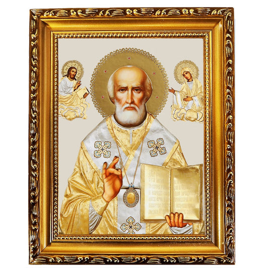 Saint Nicholas (gold foil) in wooden frame, large standing icon