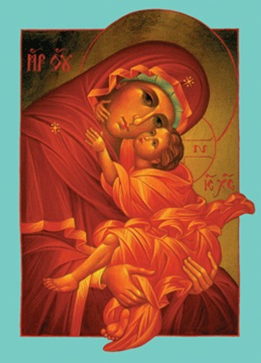 Mother of God icon card (aqua border)