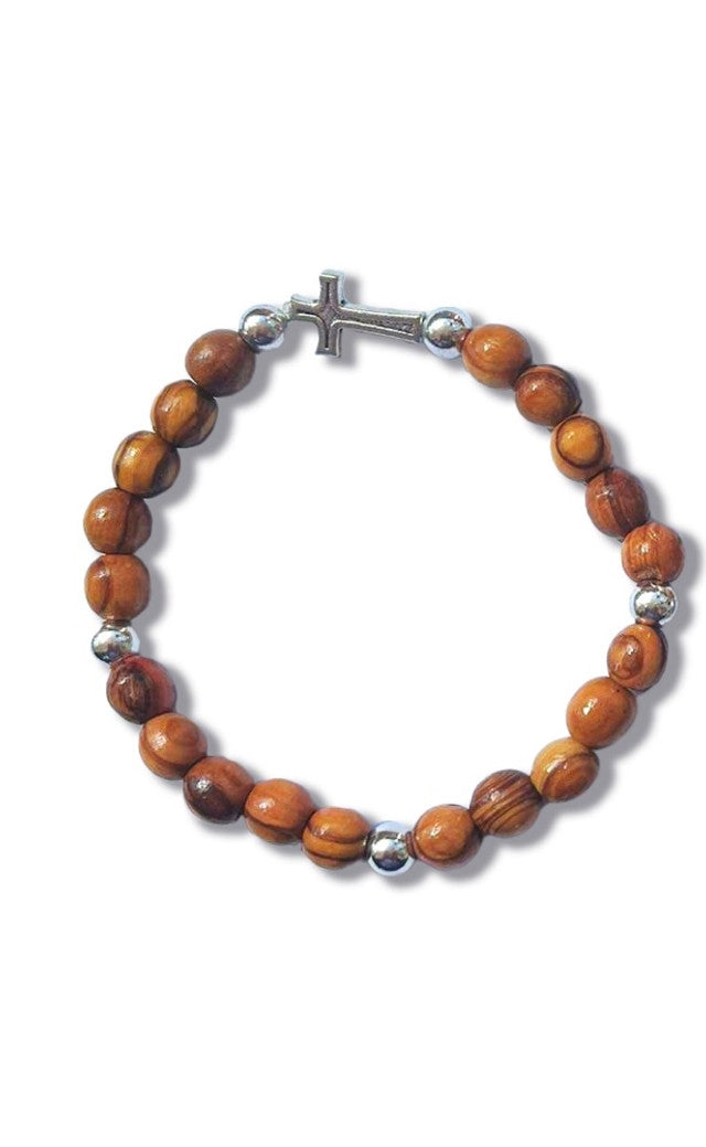 Prayer Bracelet with olive wood beads, two-bar silvertone cross