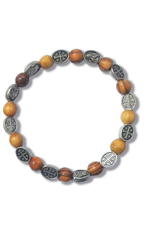 Prayer Bracelet with olive wood beads and Jerusalem cross medals