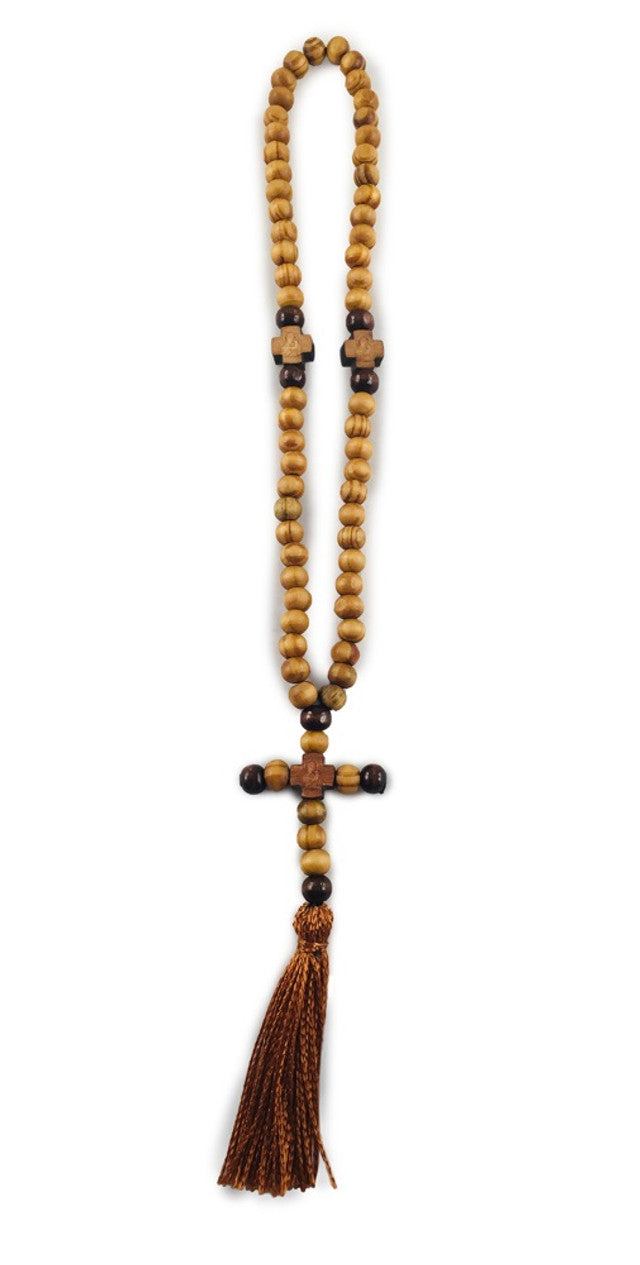 Prayer Beads, 70 olive wood beads with cross and tassel