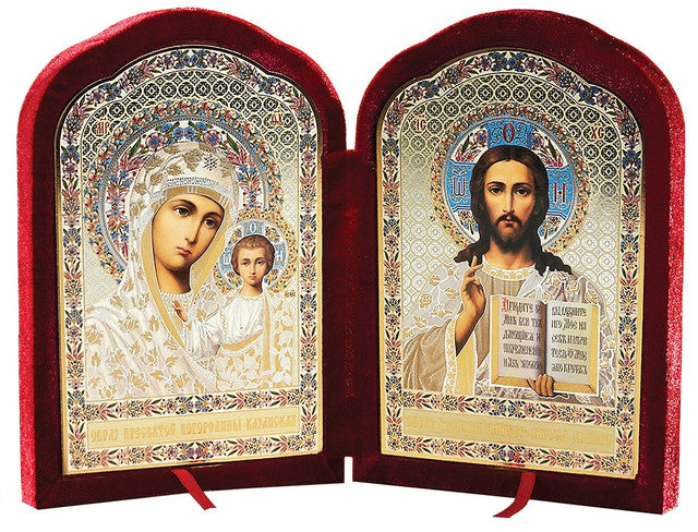 Diptych: Virgin of Kazan and Christ the Teacher, large icons in a contoured red velvet case