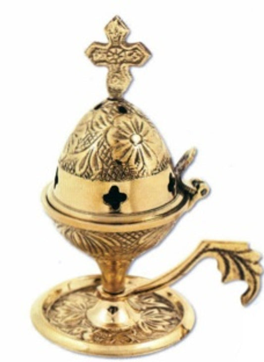 Censer, 4" tall, brass with floral and cross design