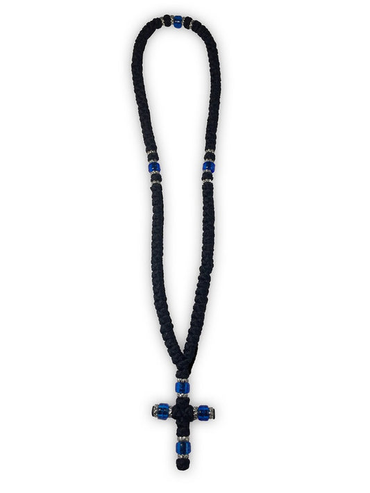 Prayer Rope, 100 knots with cross and blue beads