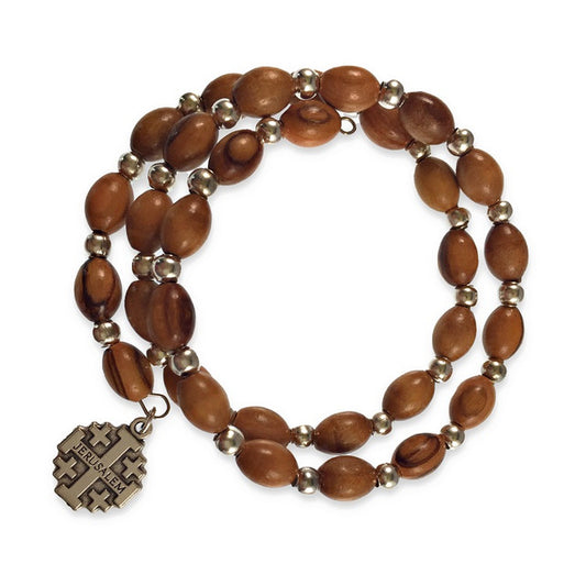 Prayer Bracelet with layered rows of olive wood beads, silvertone cross