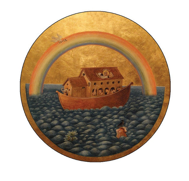 Resurrection with Angels (gold foil) in arched wooden frame, small icon