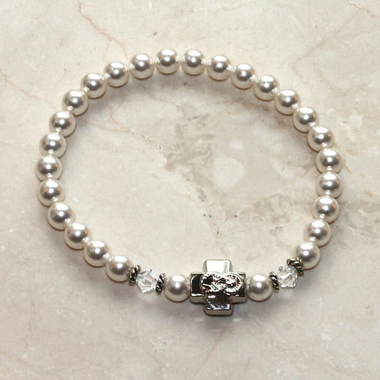 Prayer Bracelet with SnowWhite Swarovski pearls, silver-tone cross