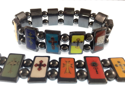 Orthodox cross bracelet, 12 hematite panels