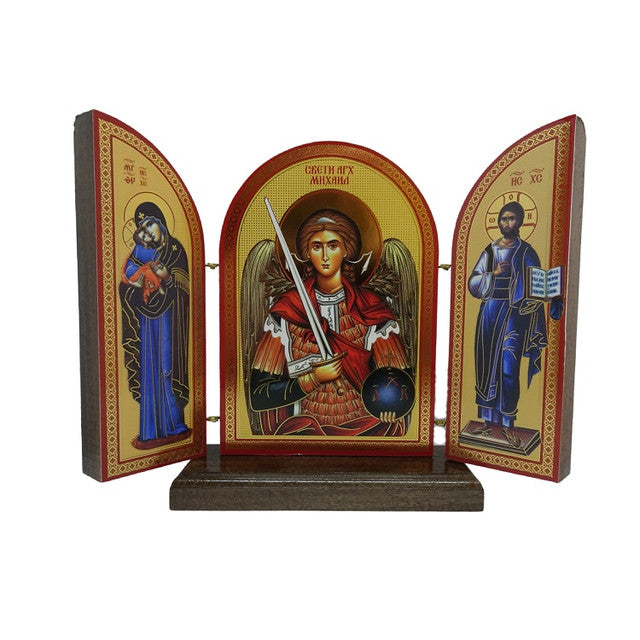 Triptych: Archangel Michael with Theotokos and Christ, solid walnut on stand