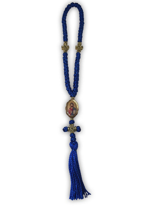 Prayer Rope, blue 50 knot with icon, cross, and tassel