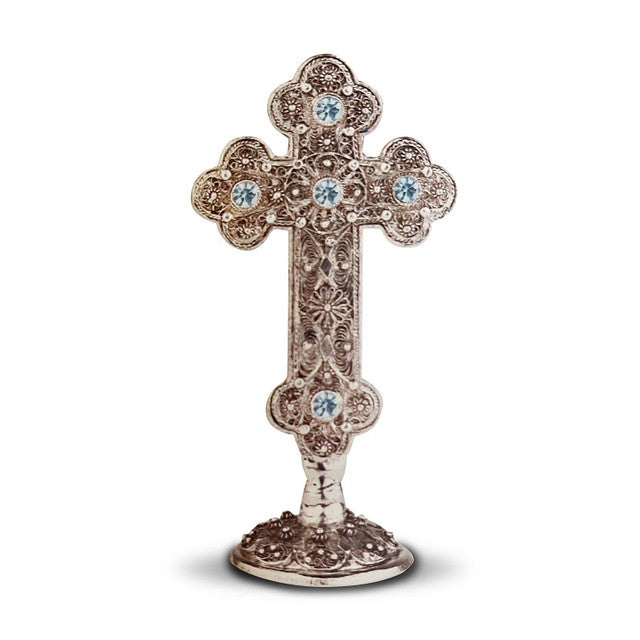 Standing Cross, jeweled, light blue crystals