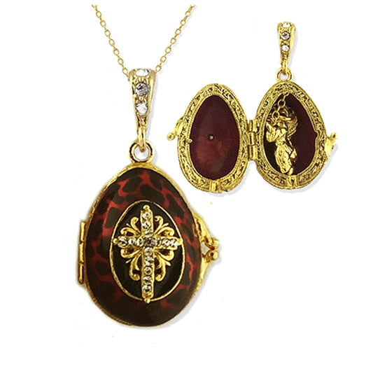 Egg Pendant Locket, Faberge style with angel inside, red