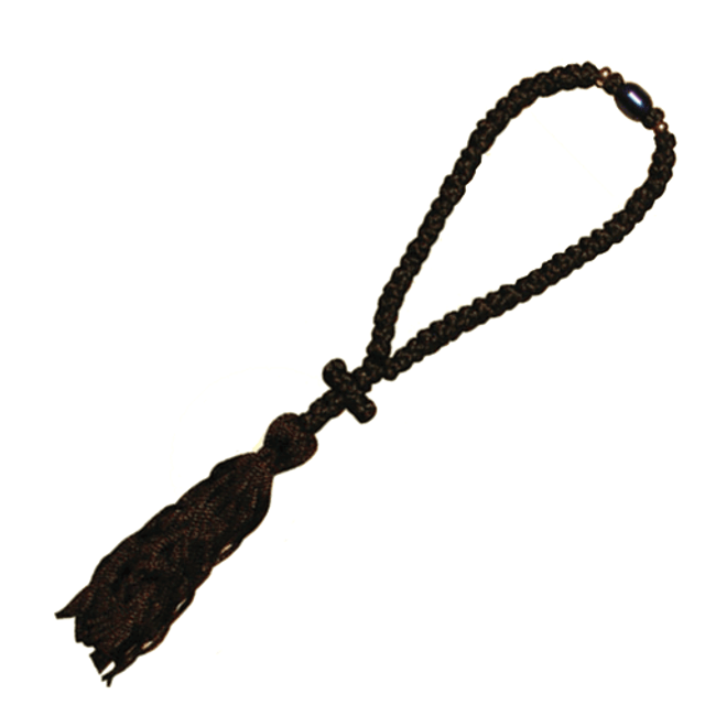 Prayer Rope, 50 knots with knot cross and tassel (black with blue bead)