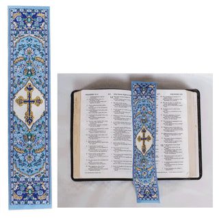 Tapestry bookmark, blue with cross