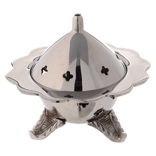 Flower shaped incense burner with three feet in nickel-plated brass