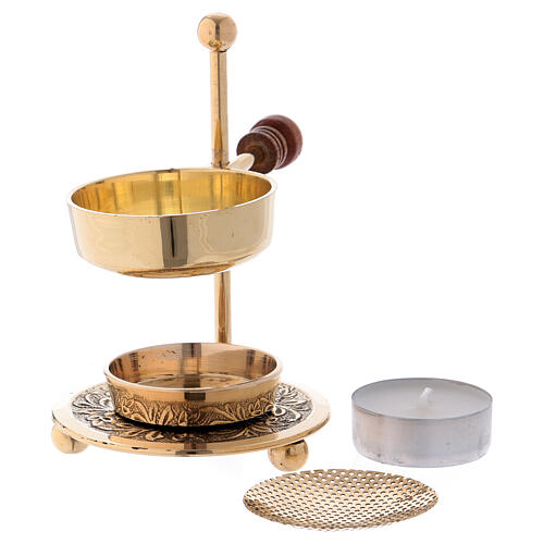 Gold plated brass incense burner with wood handle 4 1/4 in