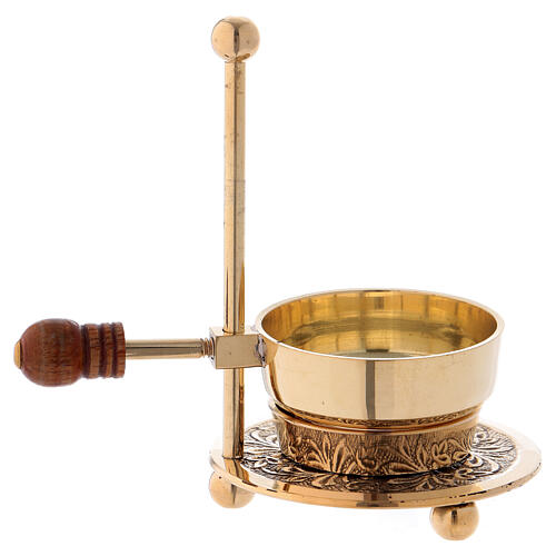 Gold plated brass incense burner with wood handle 4 1/4 in