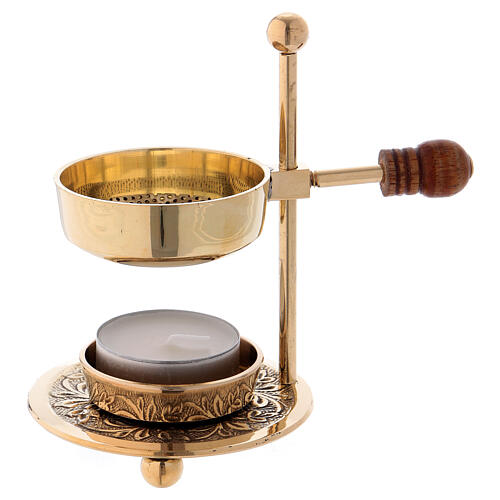 Gold plated brass incense burner with wood handle 4 1/4 in