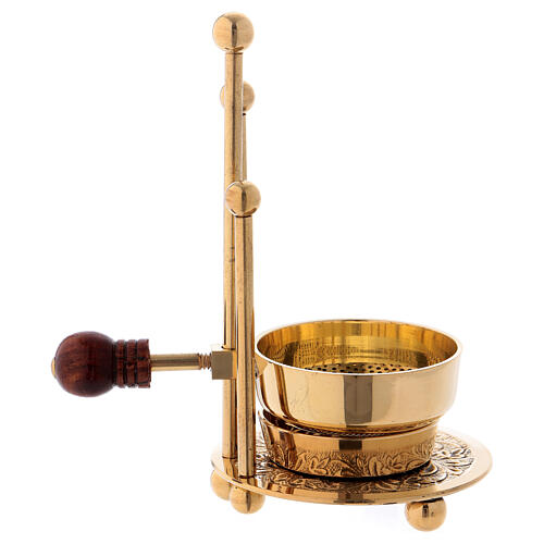 Gold plated polish brass incense burner three-feet base wood handle 4 1/4 in