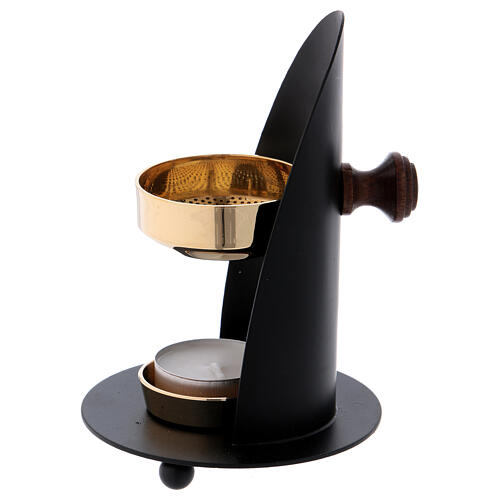 Incense burner in black brass with wood handle