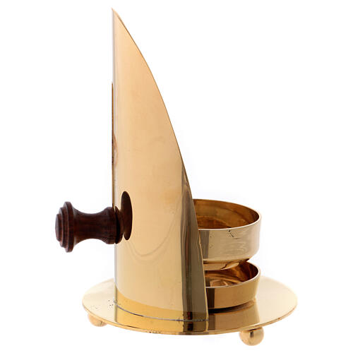 Incense burner in gold plated polish brass with wood handle 4 3/4 in