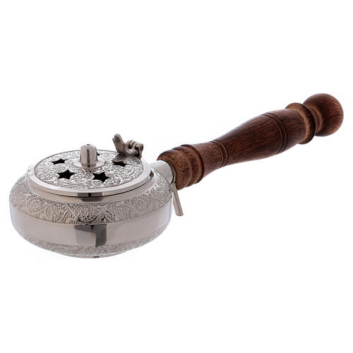 Incense burner in nickel-plated brass top with stars and wood handle