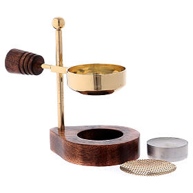 Incense burner with wood base and brass burner 4 3/4 in