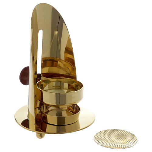 Incense burner with wooden knob in gilded brass