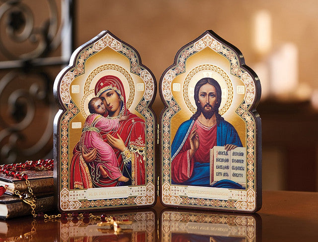 Diptych: Virgin of Vladimir and Christ the Teacher, dome-shaped, medium icons